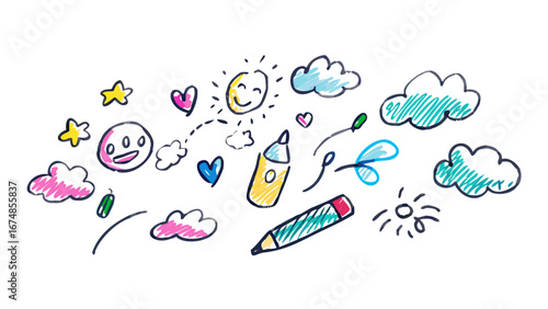 Childlike drawings of sun clouds hearts and pencils crayon marker