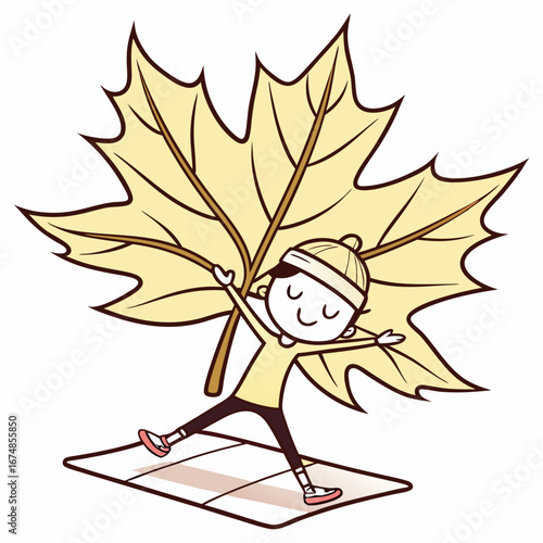 Autumn Serenity A cheerful cartoon character finds peace practicing a relaxing yoga pose on a mat, embracing wellness with a large golden maple leaf
