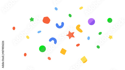 Colorful abstract shapes scattered on a white background playful