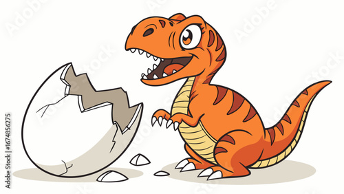 An adorable cartoon baby Tyrannosaurus Rex joyfully emerges from its cracked egg, a cute prehistoric creature's first moments of life