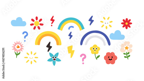 Colorful cartoon elements with rainbows and flowers lightning bolts clouds