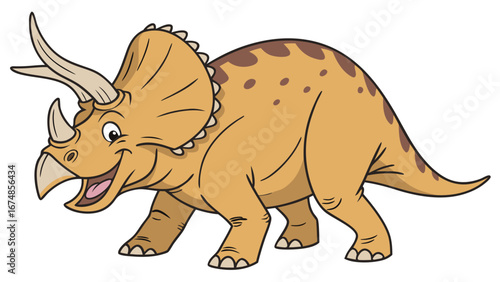 A cute and friendly cartoon triceratops dinosaur standing and smiling. Vector illustration of a prehistoric animal isolated on a white background