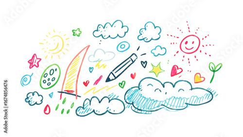 Colorful crayon drawings of sun clouds stars and pencil vector