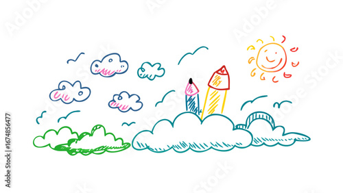 Colorful crayon drawing of rockets and sun clouds