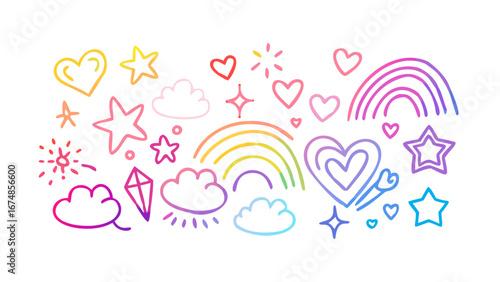 Colorful doodle icons hearts stars clouds rainbows doodles