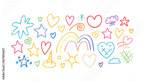 Colorful doodle icons hearts stars rainbow cloud vector