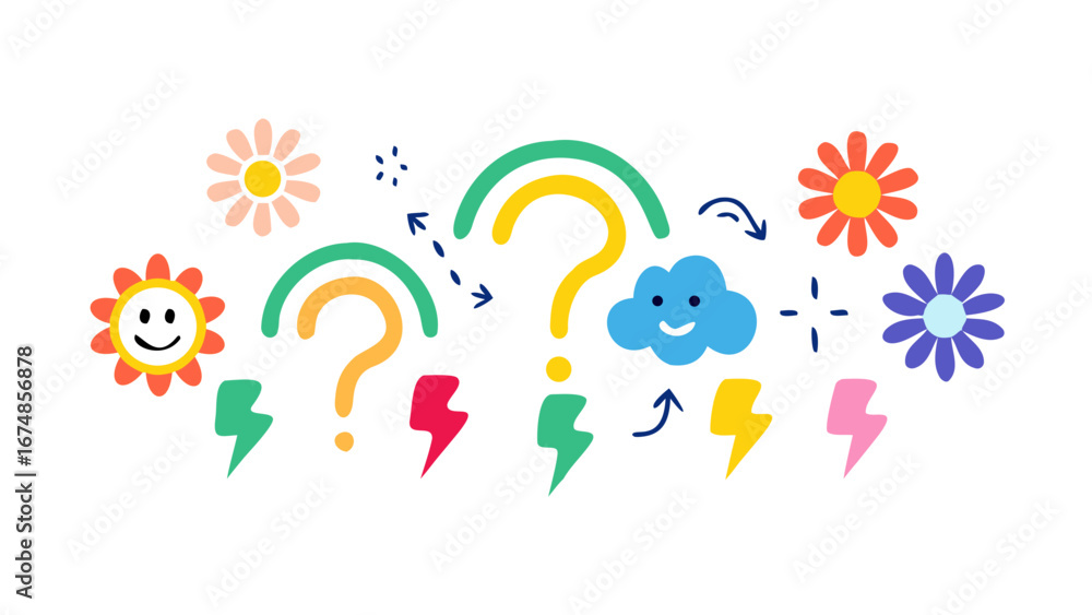 Fototapeta premium Colorful flowers lightning bolts question marks and cloud vector