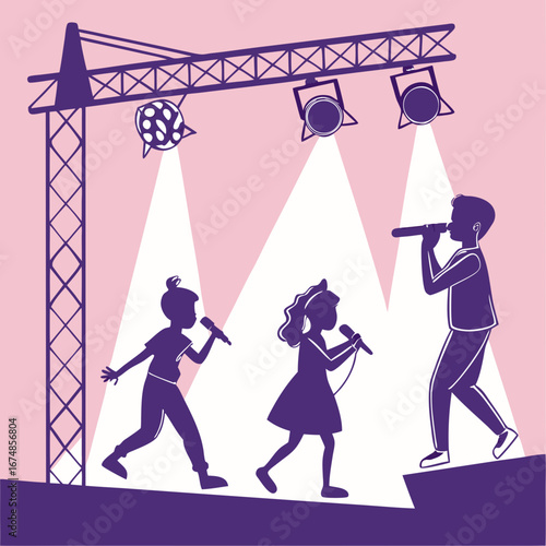 Silhouette vector illustration of a children's music group performing on a stage with bright spotlights and a disco ball