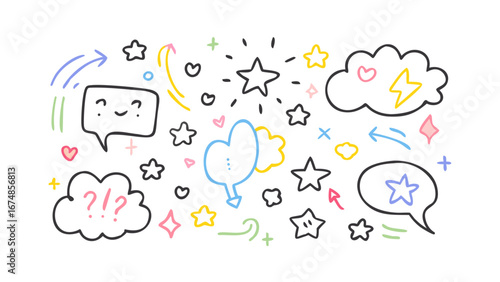 Colorful doodle speech bubbles and stars arrows hearts