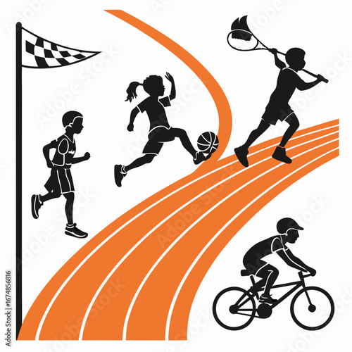 Dynamic collection of youth sports silhouettes with children running, playing soccer, lacrosse, and cycling on an athletic track