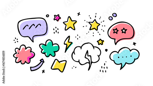 Colorful doodle speech bubbles and stars yellow pink