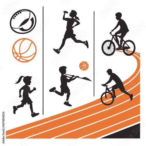 A diverse set of athletic youth silhouettes engaged in running and cycling, perfect for illustrating competition and an active lifestyle