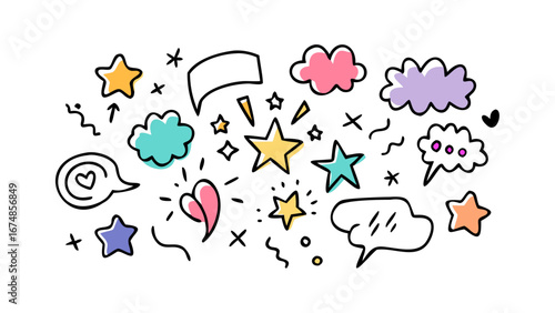Colorful doodle style stars and clouds doodles yellow