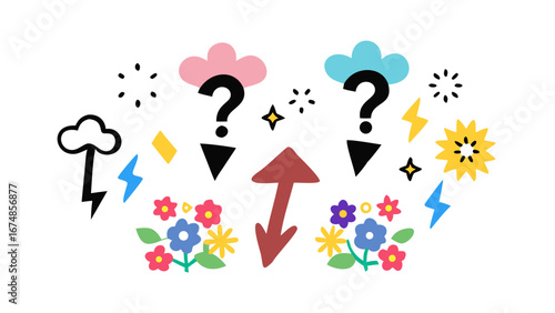 Colorful flowers lightning bolts clouds and arrows pink