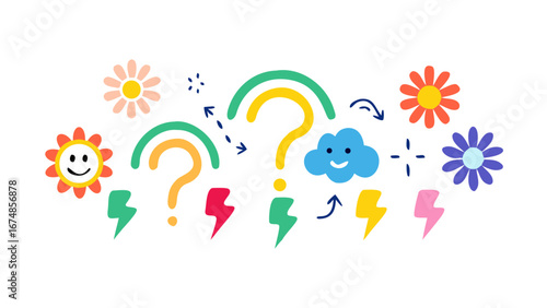 Colorful flowers lightning bolts question marks and cloud vector