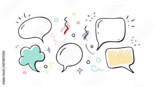 Colorful hand drawn speech bubbles and confetti comic cartoon