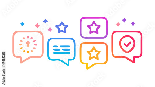 Colorful icons with stars and checkmark chat bubble