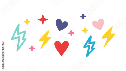 Colorful lightning bolts hearts and stars scattered vector