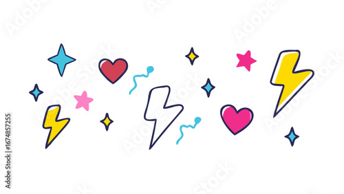 Colorful lightning bolts hearts and stars sparkle blue