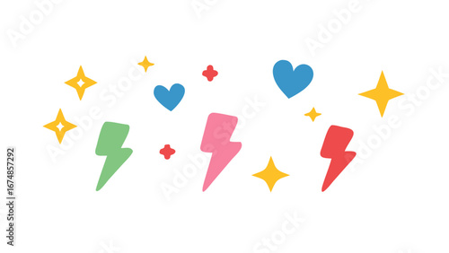 Colorful lightning bolts hearts and stars yellow blue