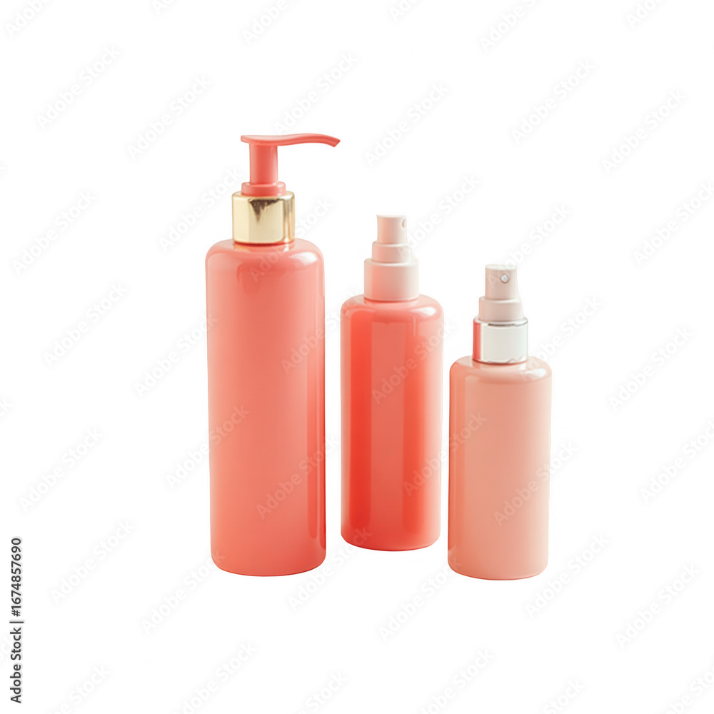 Three cylindrical bottles in a coral shade, showcasing different dispensing mechanisms, create a minimalist and elegant display of cosmetic or beauty products.