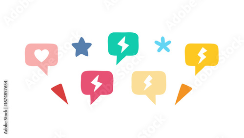 Colorful speech bubbles lightning bolts stars and asterisks vector