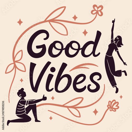 Bold hand lettered typography with figures vector good vibes
