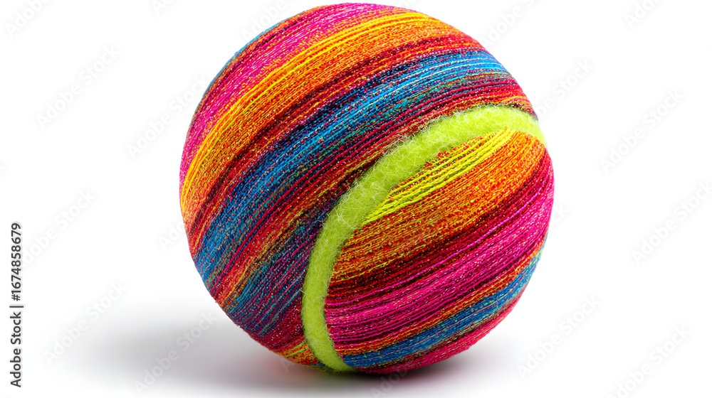 Fototapeta premium Vibrant tennis ball with multi-colored stripes and detailed texture, isolated on white background.