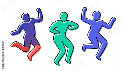 Dancing figures in blue purple and teal silhouettes people