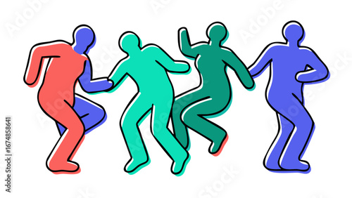 Dancing figures in coral teal and blue people silhouettes