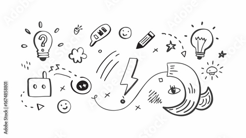 Doodle collection of lightbulbs question marks and lightning bolts pencil