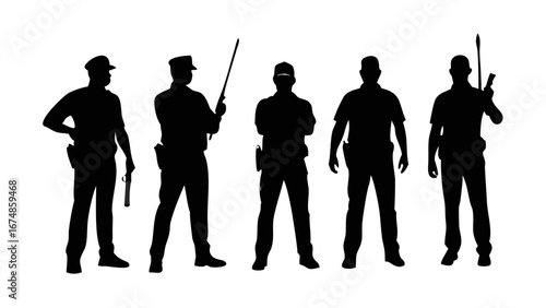 Five men standing in a row holding spears group