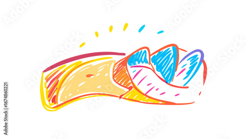 Hand drawn colorful hot dog with mustard and ketchup food illustration