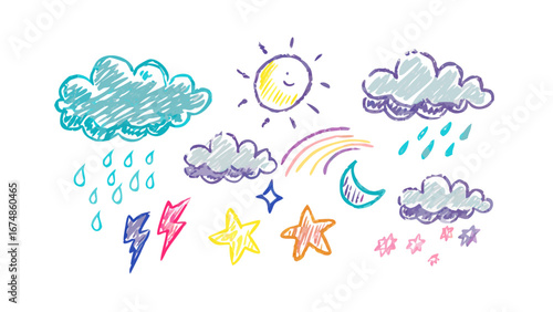 Hand drawn crayon weather elements rain clouds