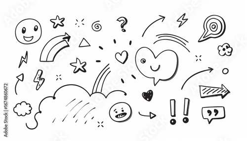 Hand drawn doodles of faces stars arrows and symbols illustration sketch