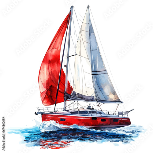 watercolor of Sailing Boat Summer Breeze, vector, isolated on a white background.