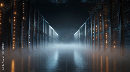 Foggy server room corridor