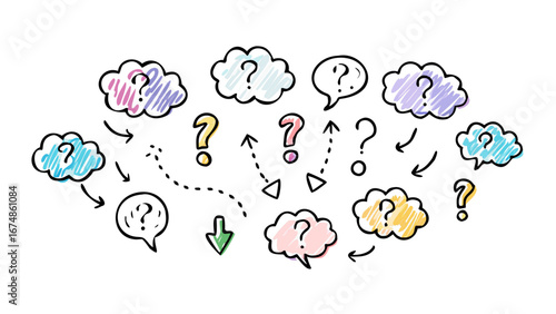 Hand drawn question marks and abstract shapes doodle illustration