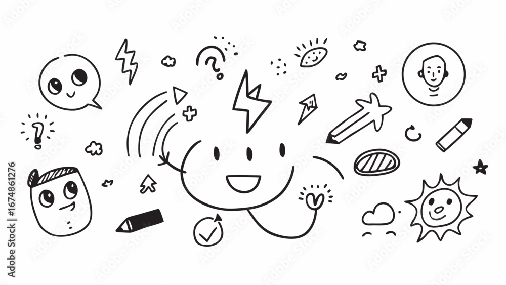 Fototapeta premium Happy doodle characters and symbols illustration