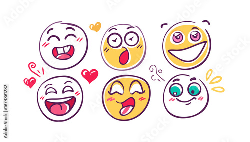 Happy expressive cartoon faces with hearts emoji smiling