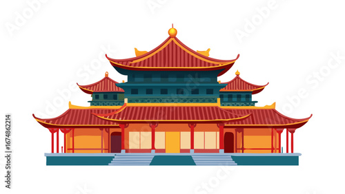 Ornate Chinese Pagoda Building With Red and Blue Tones traditional architecture ornate building