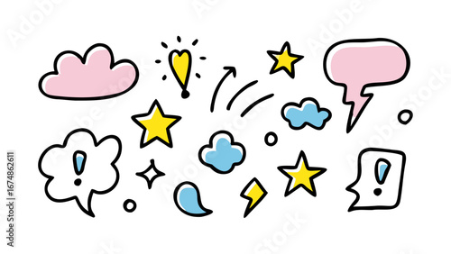 Pink blue yellow doodle shapes cloud star
