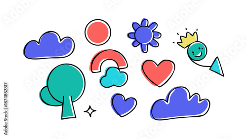 Playful doodle elements with whimsical characters cartoon children