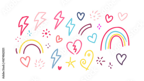 Playful doodle icons hearts lightning bolts rainbows doodles