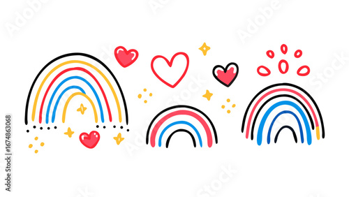 Playful rainbow and heart icons star doodle