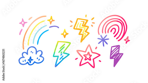 Rainbow cloud lightning stars and abstract shapes lightning bolt