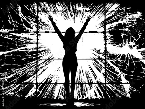 Silhouette of Victorious Woman with Raised Arms in Front of Shattered Glass Window, Dramatic Black and White Abstract Art