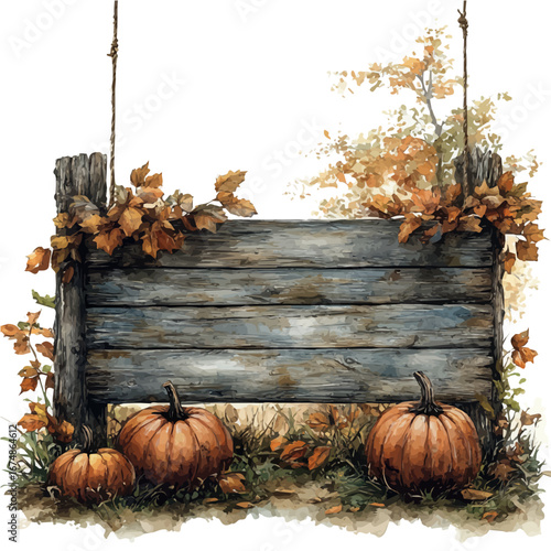 Rustic Wooden Pumpkin Sign, watercolor illustration vector, isolated on a white background.