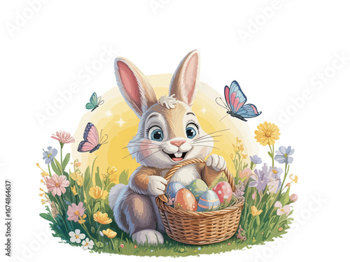 Cute Easter Bunny with Colorful Eggs in Basket Surrounded by Spring Flowers and Butterflies – Whimsical Holiday Illustration