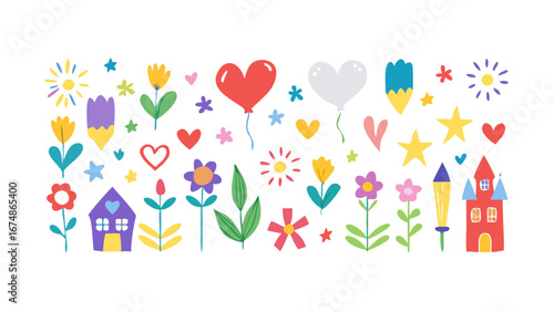 Whimsical Flowers Hearts Stars and Houses Collection balloons